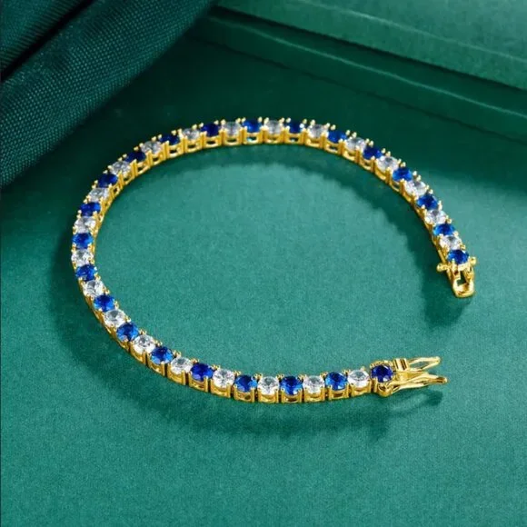 Mens 14K Gold 2ct Blue Sapphire Gemstone Diamond Tennis Bracelet 7 7.5 8 Size